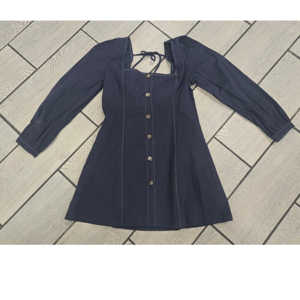 D.ARK Navy Blue Contrast Stitch Puff Sleeve Button Front Mini Dress Size M